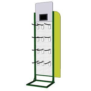 Espositore da terra con schiena a rete porta blister, comunicazione su crowner e laterale completo di monitor, tv multimediale divx, usb